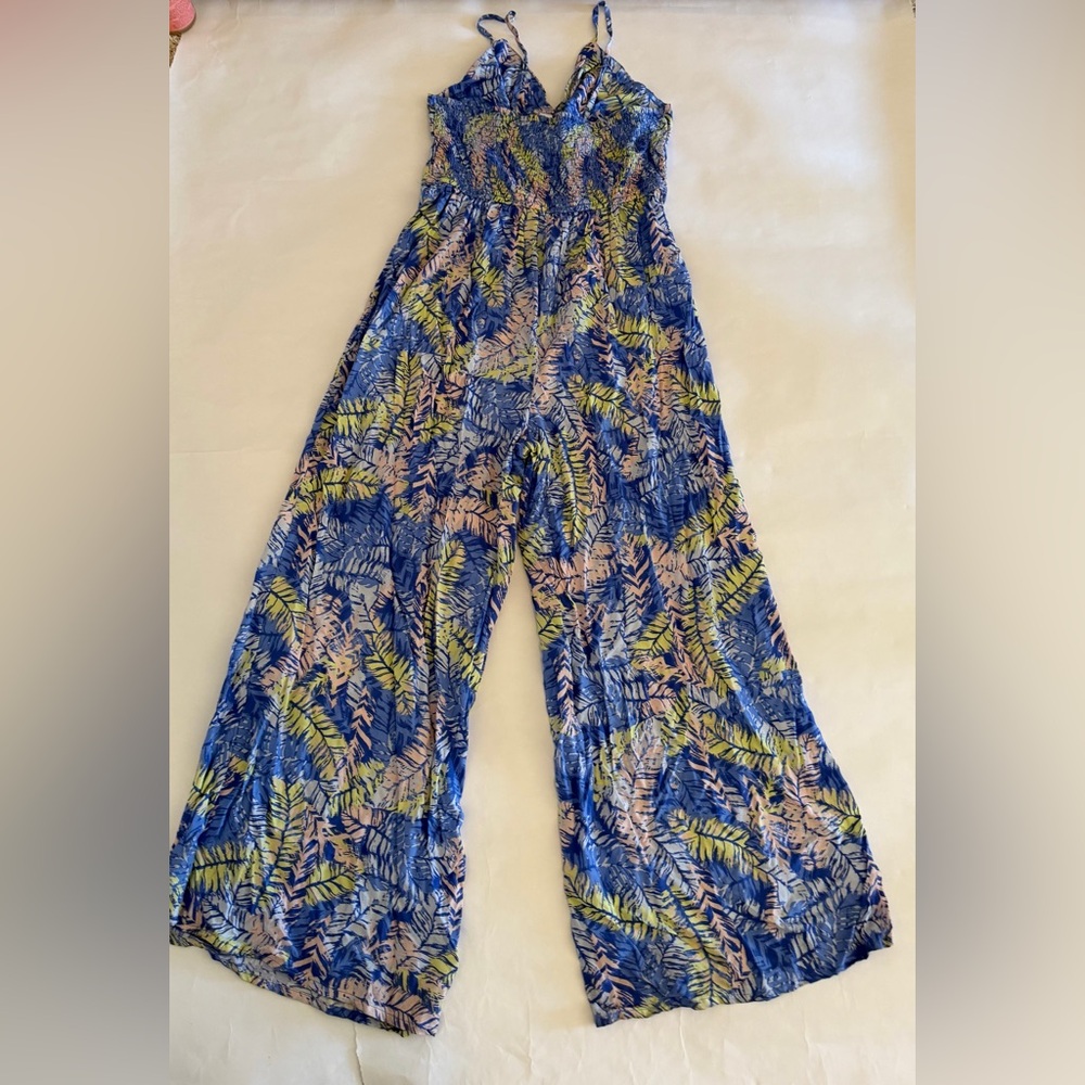 Goa Beachwear by Japna Blue and Yellow Leaf Print  Wide Legs Jumpsuit